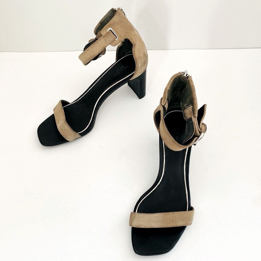 Rag & Bone Tan Suede Black Heel Ankle Strap Block Heels Cool Feminine sz 7.5